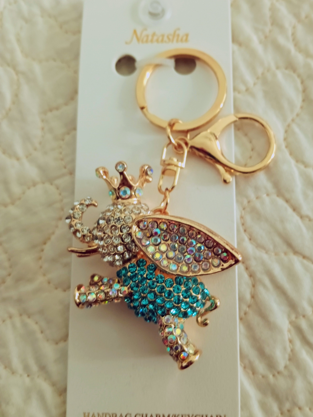 Crystal Elephant Keychain Charm - Gold Tone with Blue and Iridescent Rhinestones